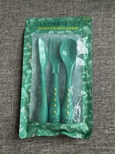Three Piece Childrens Flatware Set Dinosaur Green Plastic Knife Fork Spoon New
