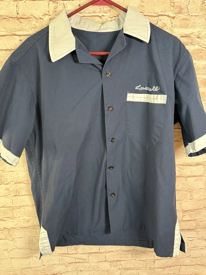 Vintage Gabardine Chain-Stitched Bowling Shirt Navy Blue Rockabilly L/ XL - Image 2 of 4