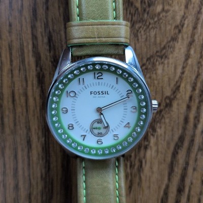 Women's Fossil Watch AM-4190 Gemmed Leather Strap Working Used With New Battery