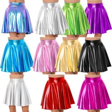 Women Costume Dress Skirt Glossy Dancewear Flared Solid Color Skirts Cosplay