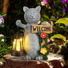 Solar Garden Cat Statue with Lantern Figurine Lights Patio Balcony Yard Ornament