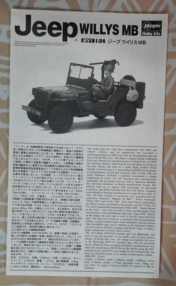 Hasegawa 1:24 piezas selladas Jeep Willys MB 24501 2003 Foto 3 de 4