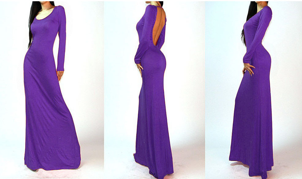 Women Backless Open Cutout Back Long Sleeve Long Maxi Dress 4
