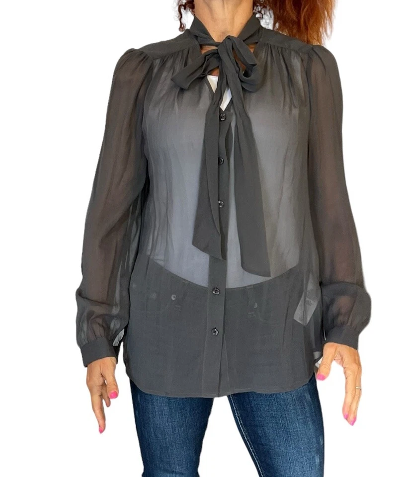 DKNY DONNA KARAN NEW YORK BLOUSE GRAY SHEER PUSSYBOW NECK TIE SILK CHIFFON M - Image 2 of 4