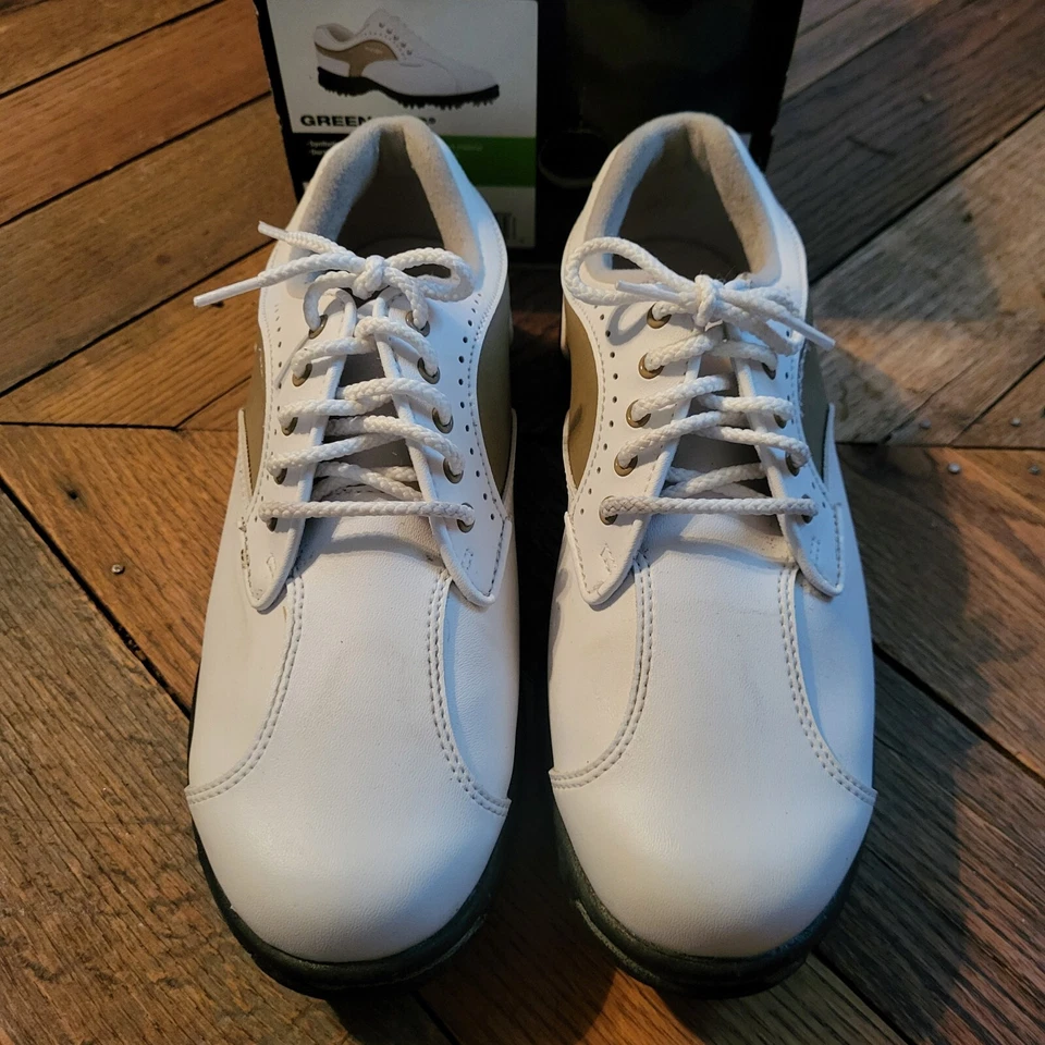Foot Joy Greenjoys Mujer Talla 6.5 Ancho Blanco y Beige Zapatos de Golf Con Caja Foto 3 de 4