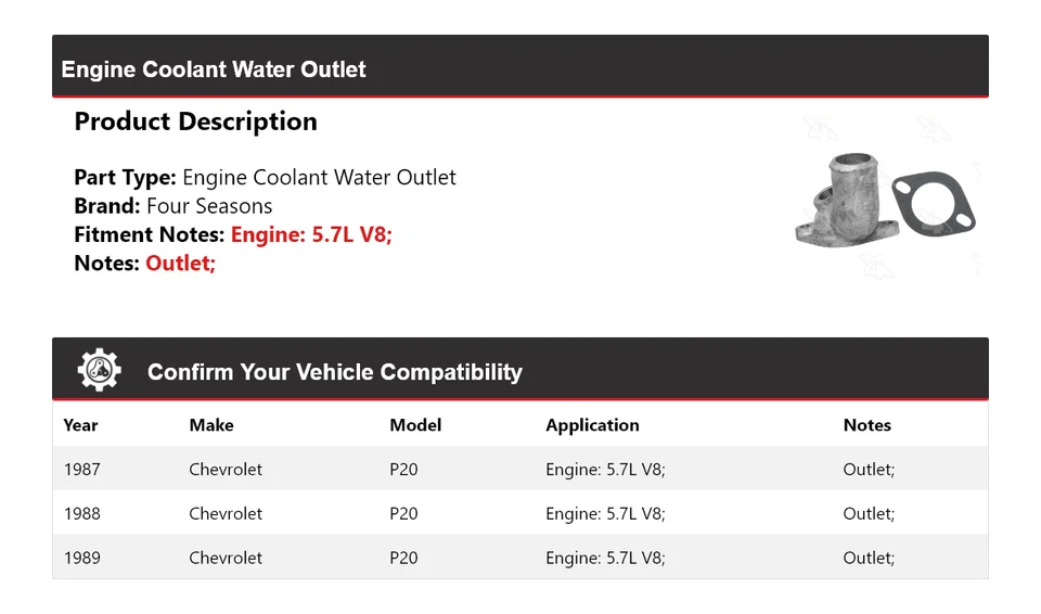 For 1987-1989 Chevrolet P20 5.7L V8 Engine Coolant Water Outlet 4 Seasons 1988 - Image 2 of 4