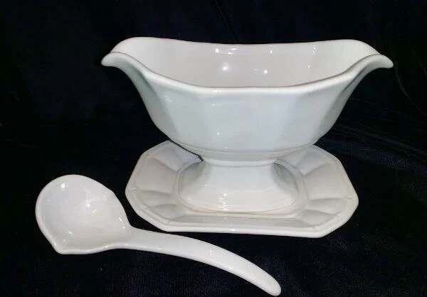 ULTRA RARE PFALTZGRAFF PROVIDENCE WHITE GRAVY~SAUCE BOAT & UNDERPLATE & LADLE~EU