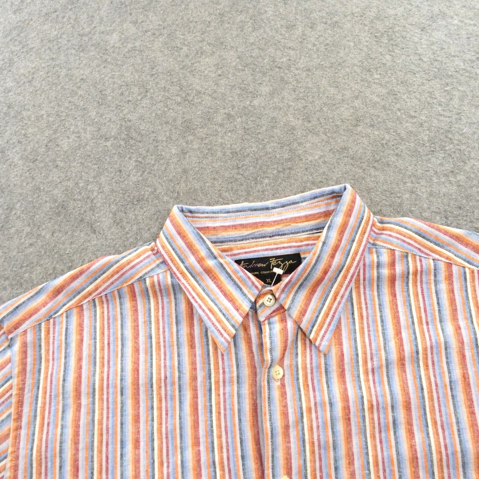 Andrew Fezza Shirt Mens Extra Large Red Blue Button Up Linen Short Sleeve - Image 3 of 4