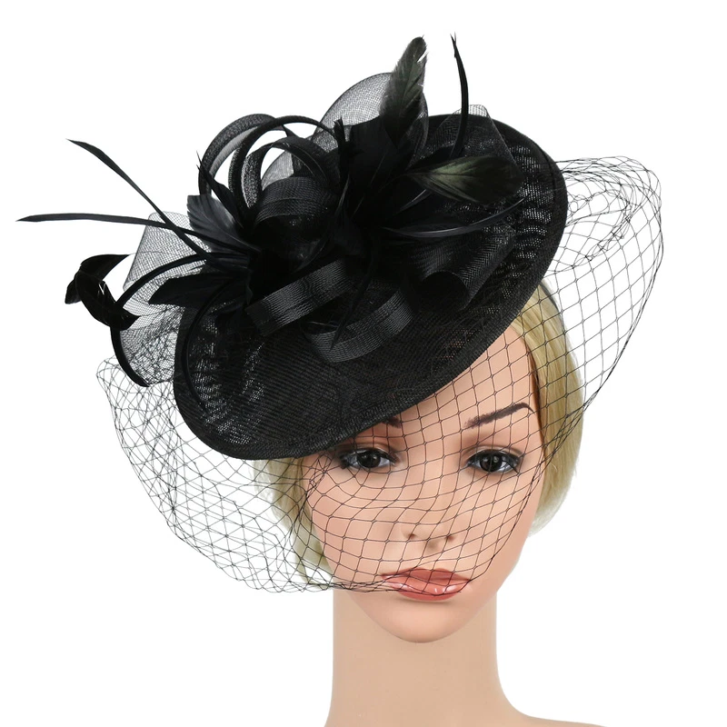 Women Hat Feather Mesh Fascinator Hair Clip Tea Party Wedding Bridal Hairband - Image 2 of 4