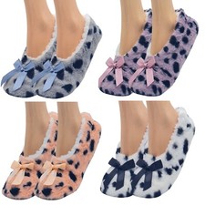 Ladies Ballerina Slippers Leopard Design Sherpa Fleece Lined Padded Soles 4-7