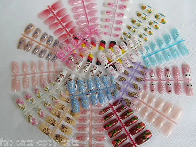 FAT-CATZ-COPY-CATZ 5 or 10 PACKS PAINTED 3D FULL FALSE FRENCH NAILS MULTIPLE DESIGNS & SIZES & GLUE