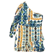 MNG Party Dress XL Cotton Mini One Shoulder Multicolor Asymmetric Tropical Dance