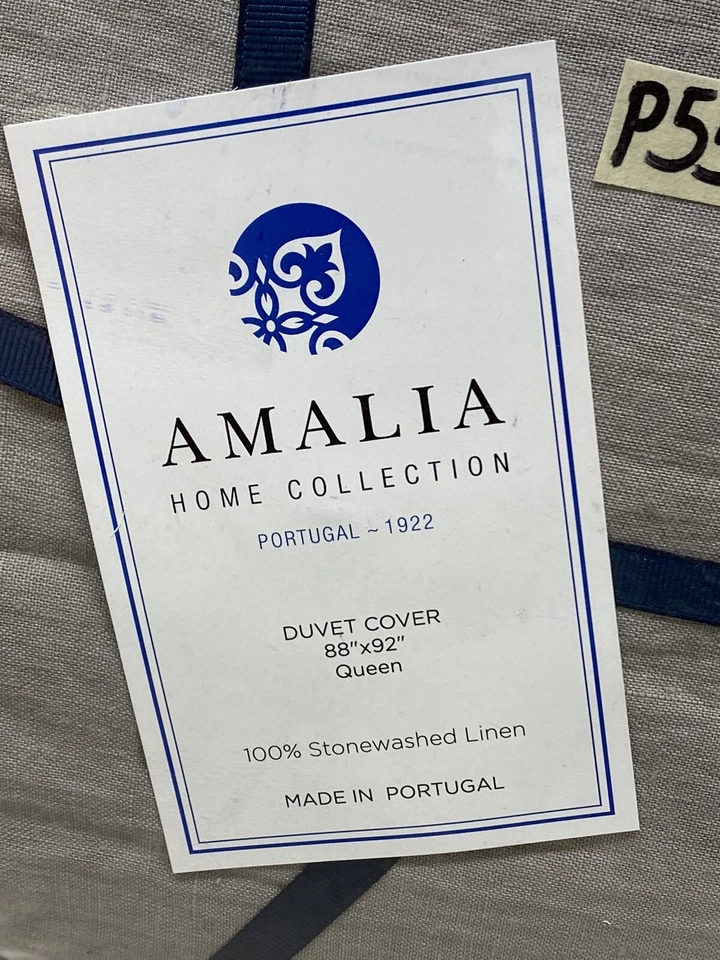 Amalia Stonewashed Linen Queen Duvet Cover Grey / White $635 New - Image 3 of 4