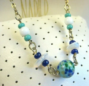 Vintage Hippie Blue Green Glass Bead Chain Choker Necklace 16"