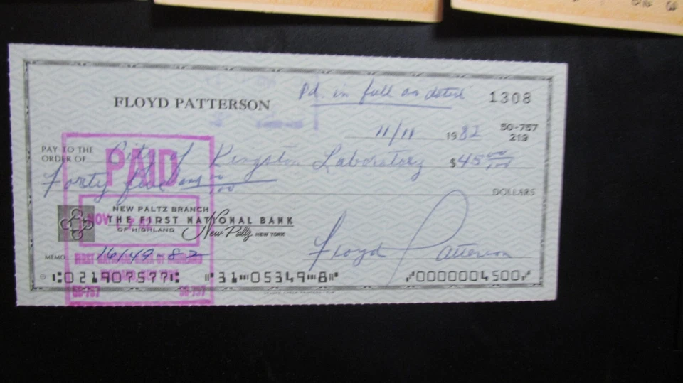 Floyd Patterson Autograph Hand Signed Check with 3 Training Camp Checks - Image 2 of 4