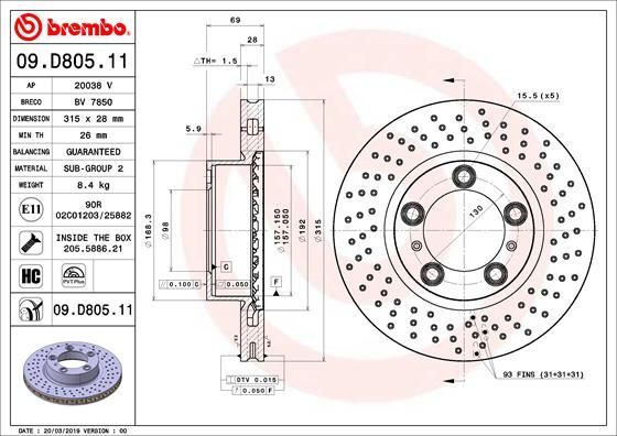 2X Brembo 09.D805.11 Bremsscheibe FüR Porsche-image