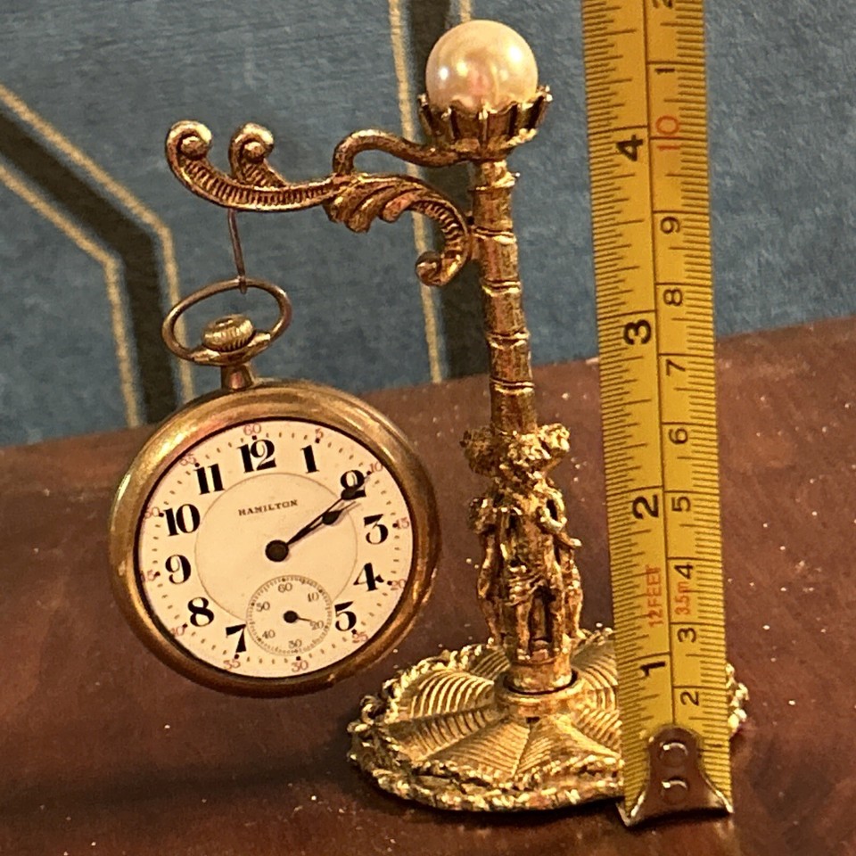 Vintage 4" Gold Pocket Watch Hanger Display Stand Cherubs w Antique