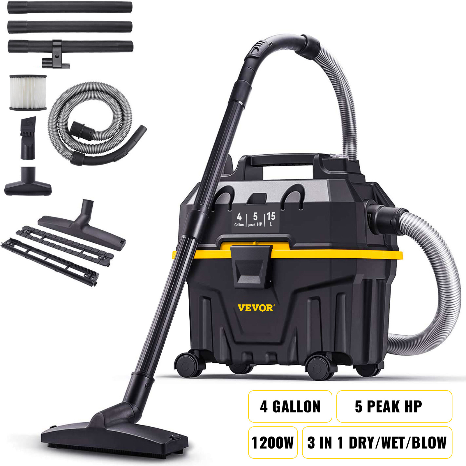 VEVOR Wet Dry Vacuum Shop Vac 4 Gallon 5 Peak HP 3-in-1 Func