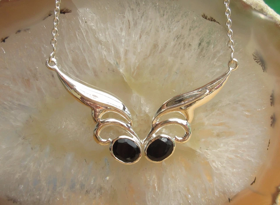 KX Collana Ali Argento Sterling 925 Onice Nero Pietra Del Capricorno - Immagine 3 di 4