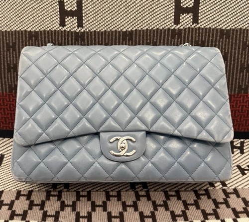 Chanel Classic Jumbo Double Flap Bag Blue Lambskin Silver Hardware Authentic