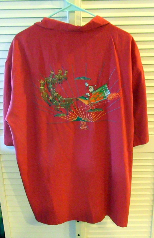 Tori Richard вышитый Санта Рождественские сани XL мужской шелк красный SS рубашка EXC - Изображение 2 из 4