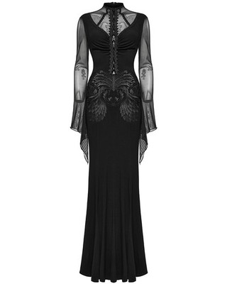 Punk Rave Gothic Abend Maxikleid Mit Spitze Schwarz Langarm