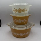 Set of 3 Vintage Pyrex Butterfly Gold Casserole Dish Dishes 472 473 475 w/ Lids