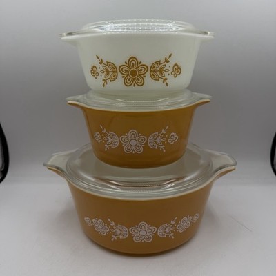 Set of 3 Vintage Pyrex Butterfly Gold Casserole Dish Dishes 472 473 475 w/ Lids