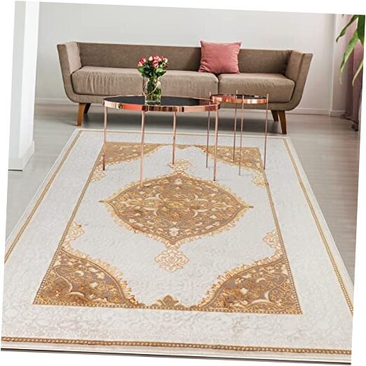 Babil Gold 5x7 Oriental Bordered High Low Textured Traditional Indoor Area