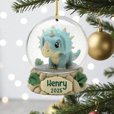 Personalized Dinosaur Triceratops Snow Globe Christmas Ornament Dino Gift
