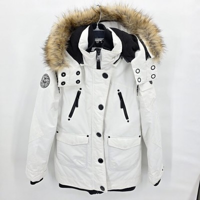 Noize Coat Womens M White Faux Fur Hooded Parka Zip Pockets Ski Outdoor Winter