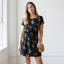 MOMONI Black Floral Print Silk Blend Short Sleeve Short Mini Dress, size S