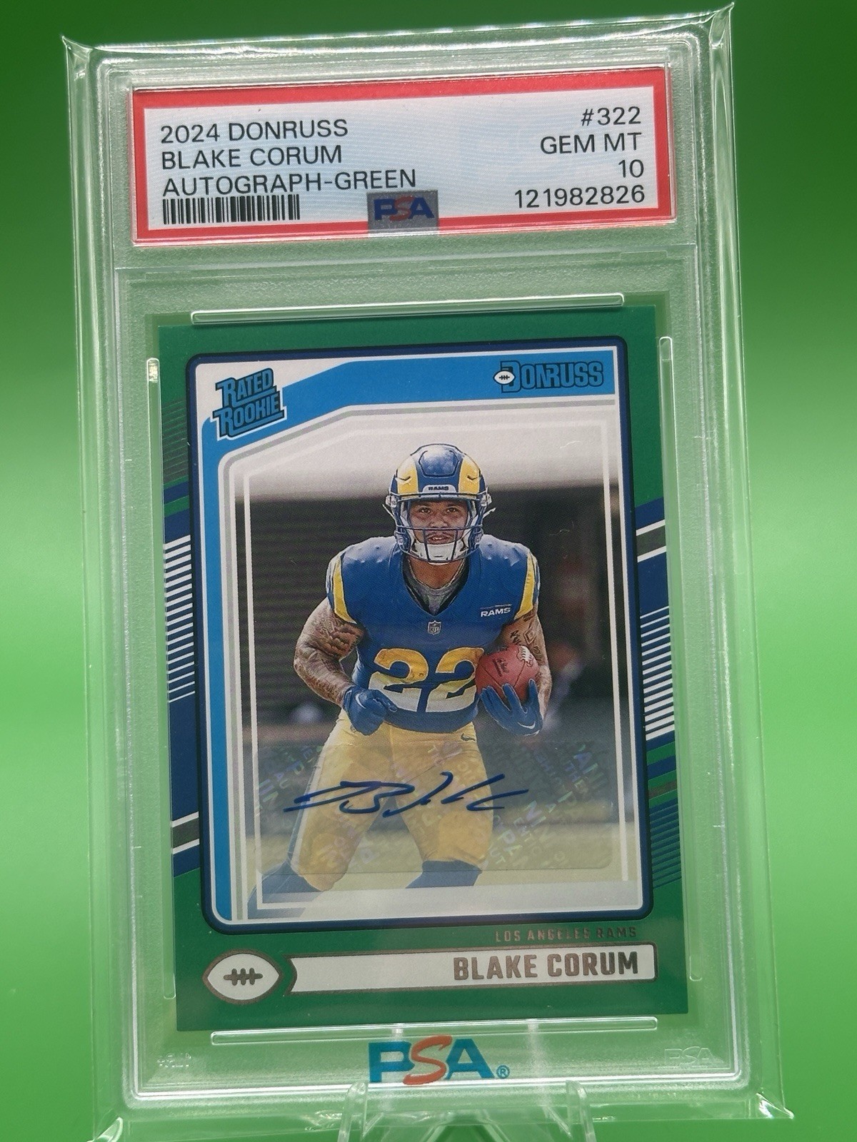 2024 Panini Donruss Blake Corum * Green * Rated Rookie PSA 10 Auto Pop 1 Rams