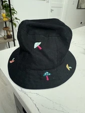 A-Lab Hat Cap Bucket Embroidered Mushroom Pattern Black Psychedelic Mens Unisex