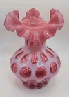 Vintage Fenton Cranberry Coindot Opalescent Double Crimped Vase 7"