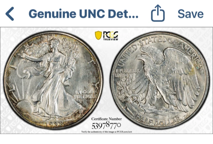 1938-D 50C Walking Liberty Silver Half Dollar PCGS Uncirculated Detail (Cleaned) - Image 3 of 3