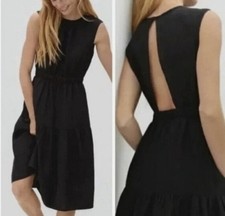 Everlane Black Sleeveless Midi Dress Backless sz 12 Pockets Tiered Linen Cotton