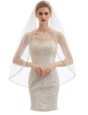 Womens 1 Tier Fingertip Length Short Crystal Beaded Wedding Bridal Veil With ...