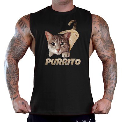 Men's Purrito Cat Black T-Shirt Tank Top Burrito Kitten Funny Humor