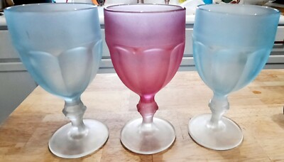 Libbey Duratuff Frosted Pastels Pinl & Blue Goblet Glasses Set Of 3 Vintage 