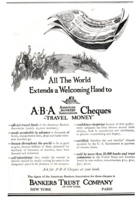 1923 ABA CHECQUES  / BANKERS TRUST CO. PRINT AD, TRAVELERS, AMERICAN BANKERS, AD