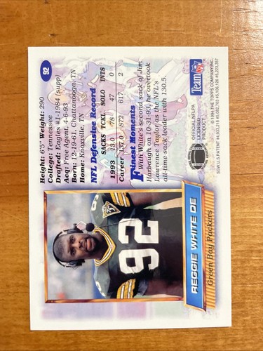1994 Topps Finest - Refractor #92 Reggie White, Packers HOF Tennessee - Picture 6 of 7