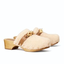 Tory Burch Jessa Cream Shearling Horse Head Horsebit Wood Clogs 6.5 NEW