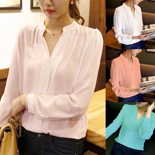 Women Autumn Long Sleeve Blouse V-Neck Solid Color Casual Shirts Tops | eBay