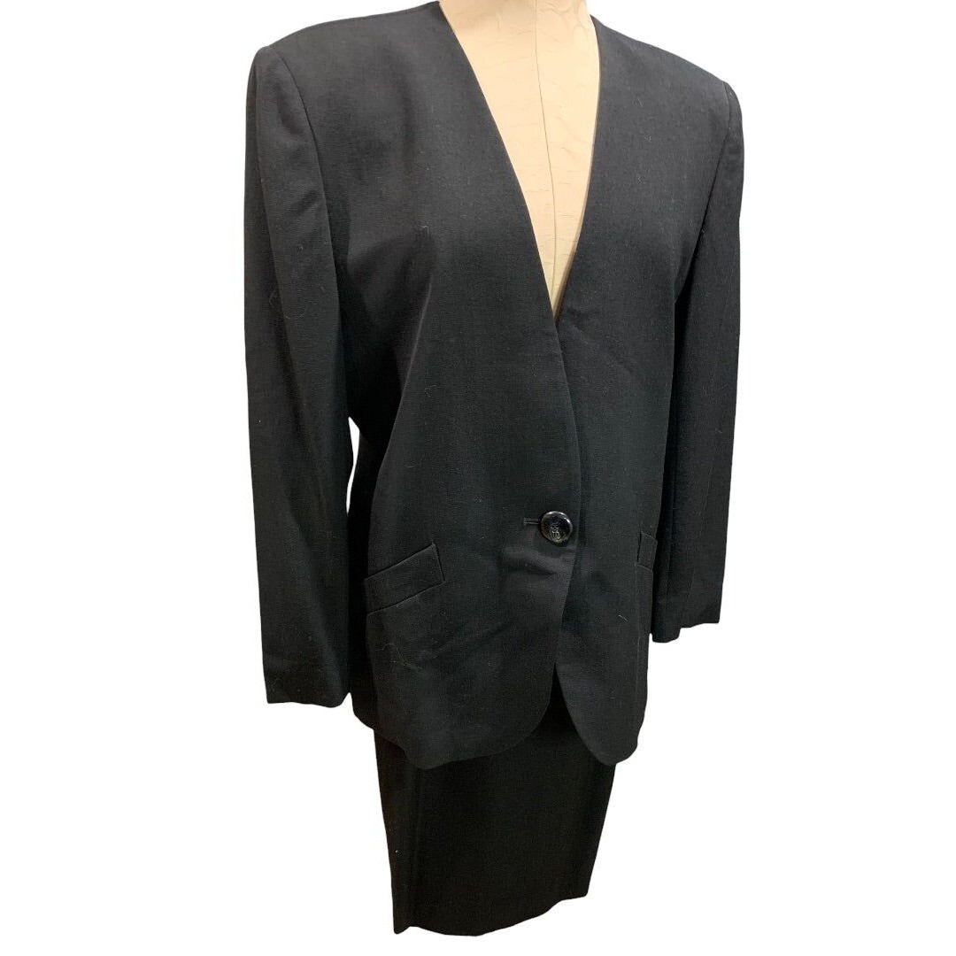 Size 14P Jones New York Petite Women's Black 2 Piece Wool Skirt Suit Black 1990s