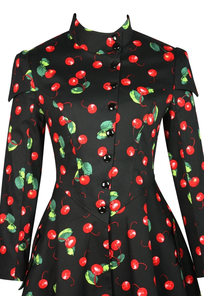 SIZE 12 14  BLACK GOTHIC RED CHERRIES RIDING COAT JACKET STEAMPUNK CORSET TIE - Image 4 of 4