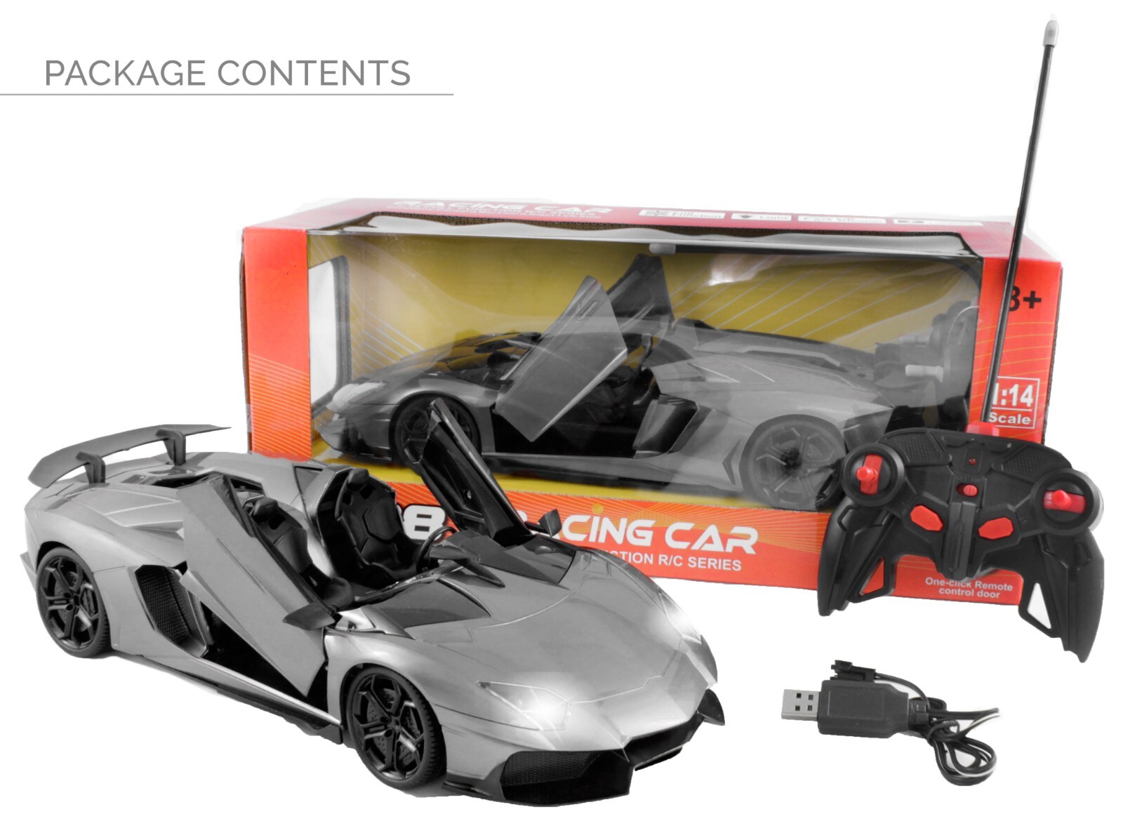RC Sports Car 1:14 Scale Realistic Design, Slide-Up/Scissor (Red or Silver)