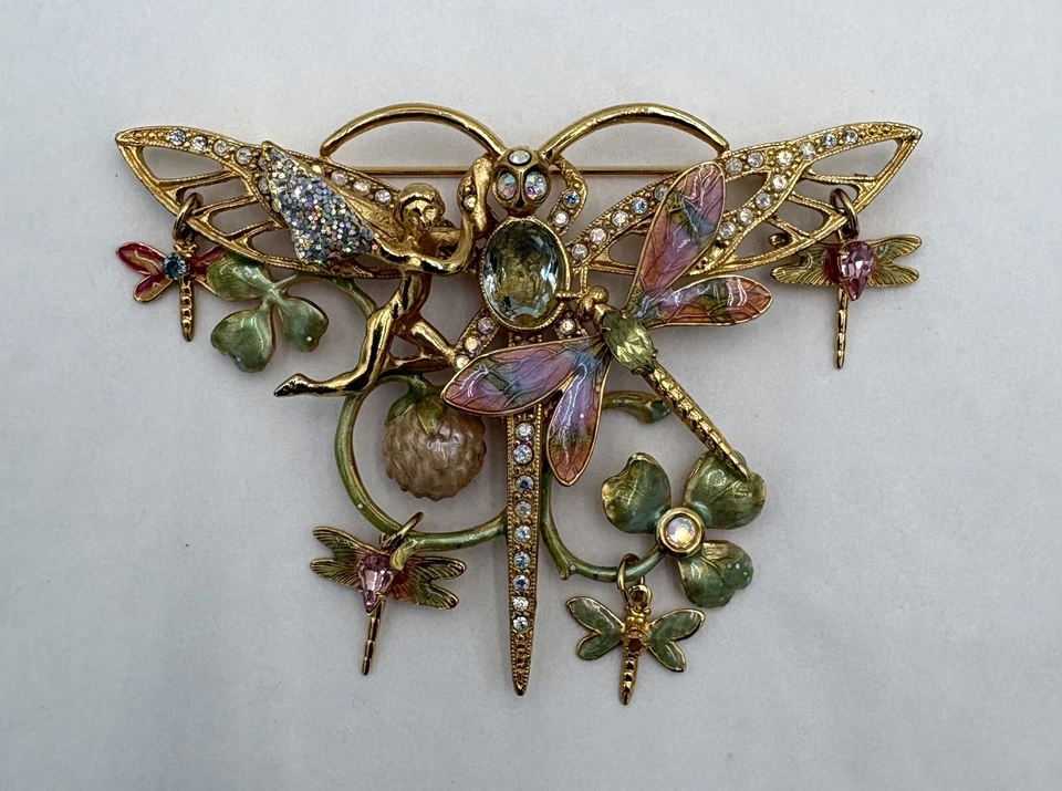 Kirks Folly Large Gold Tone Rhinestone & Enamel Dragonfly Fairy Pin w Dangles