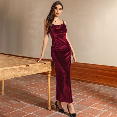 Women Halter Backless Square Neck Sexy Dress Nightclub Style Long Evening Gown
