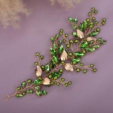 Green Rhinestone Bridal Hair Vine Pearl Wedding Headband Gold Leaf Rhinestone...